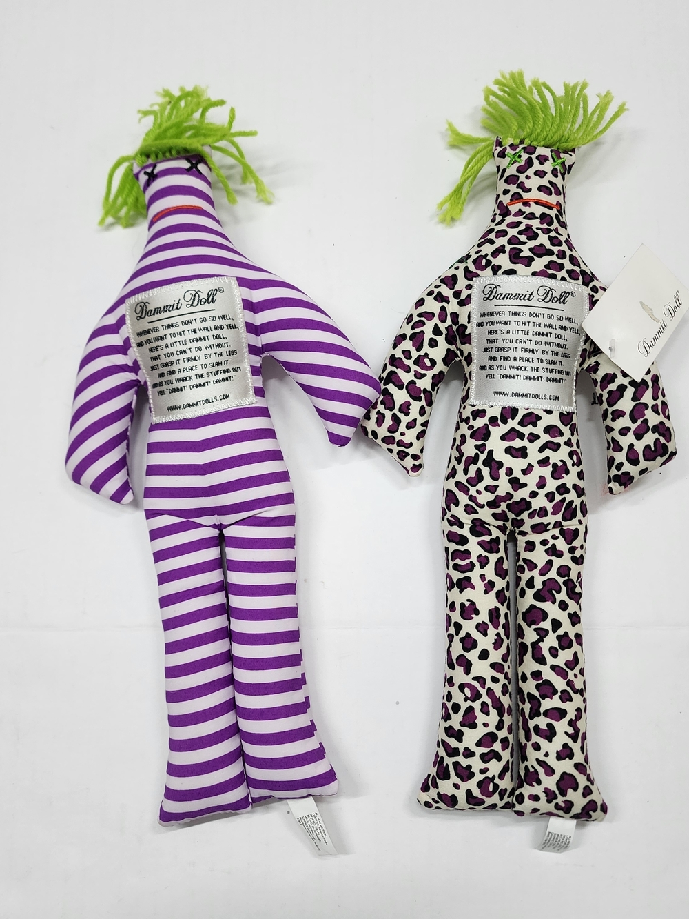 Dammit Doll Stress Toy Cheeta Print Purple Stripes Green Hair Plush Lot Of 2 12"